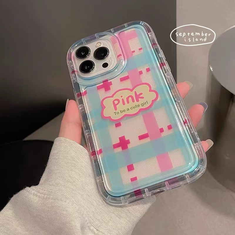 Soft Case TPU Silikon Transparan Motif Kotak-Kotak Pink Untuk IPhone 14 13 12 11 Pro XR X XS Max 8 7 6S Plus