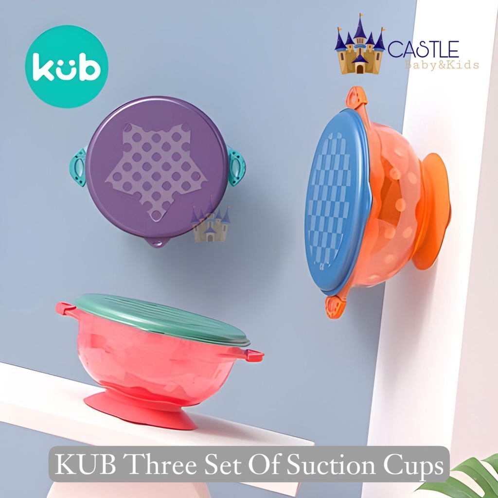 KUB Three Set Of Suction Cups / Bowl With Lid - Mangkok Makan Bayi Set isi 3pcs + perekat + Tutupan