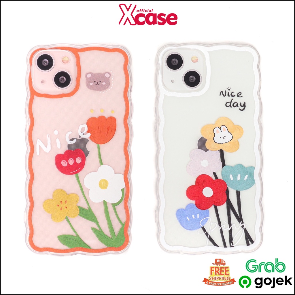 Clear Softcase Big Flowers Bear and Bunny Wavy Side Full Lens Cover For iPhone 7 8 SE XR XS MAX 11 12 13 MINI PRO MAX