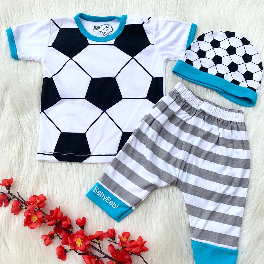 Baju setelan kaos celana topi motif bola lucu bestseller anak bayi cowok laki murah -bab