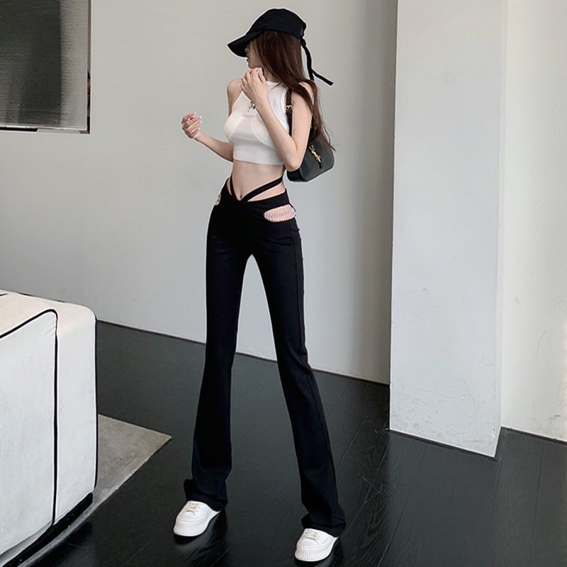 Red Setelan jas berongga berbentuk V berpinggang tinggi mikro berkobar celana lebar kaki celana menggantungkan mengepel celana kasual wanita setelan celana celana