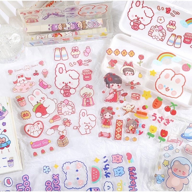 

stiker kawaii model baru PET anti air lucu transparan kiss cut motif beruang kelinci dekor journal book/diary import