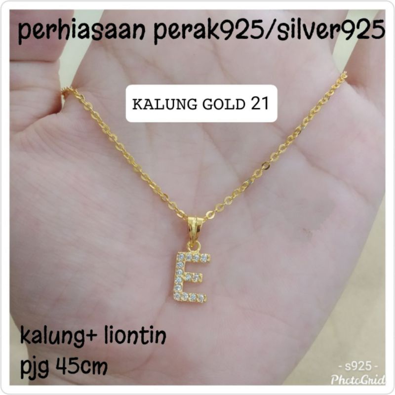 KALUNG+LIONTIN HURUF A KG16 C KG17 E KG21 L KG18 R KG19 S KG20 KUNING PERAK 925 #FAA