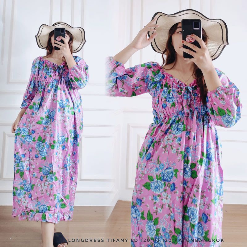 Dress Daster Longdress Terusan Lengan Panjang Smock Kerut Serut Dada Busui Menyusui Rempel Rufle Mot