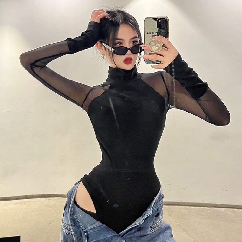 Red Rapcopter Eropa dan Amerika kasa jahitan seksi jumpsuit T-shirt wanita kerah tinggi warna solid slim slim bottoming top