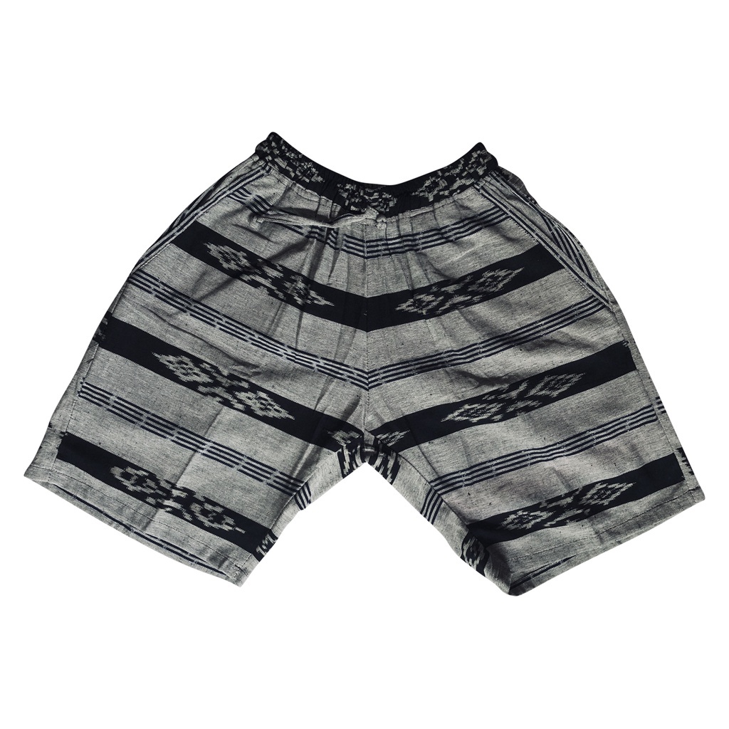 celana pendek pria motif kain tenun - abu abu garis hitam