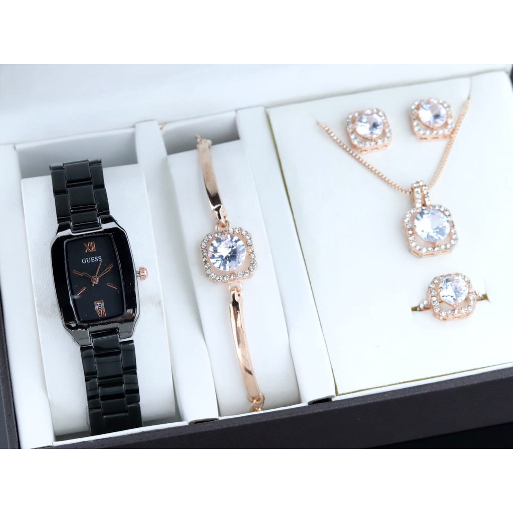 Jam tangan wanita Fullset Kalung Cincin Anting Dan Gelang Strap Rantai Tanggal Aktif