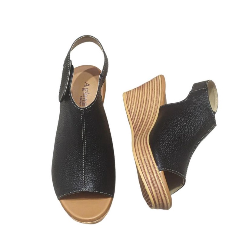 sandal tali kulit sapi untuk wanita tinggi 7cm sol marmer karet ringan wedges sandal wanita terbaru cantik murah berkualitas