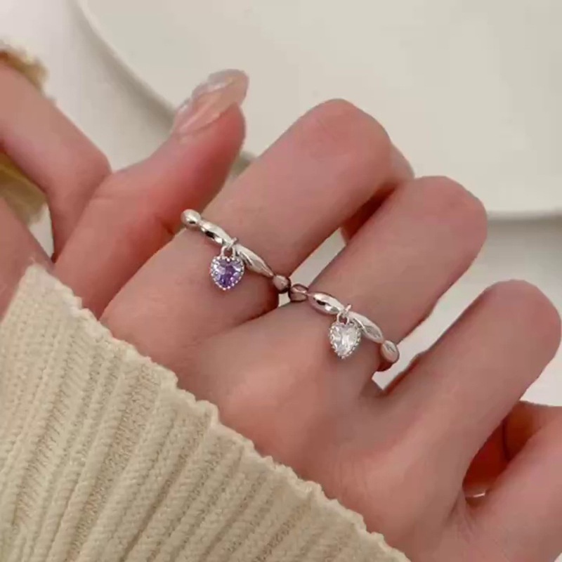 Mhang Cincin Silver Desain Hati Hias Berlian Ungu Untuk Wanita