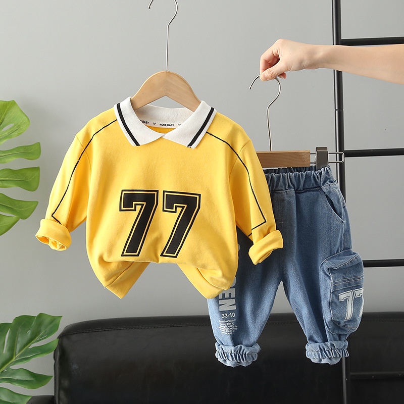 Setelan Anak Laki Laki Pakaian Set 2pcs Kaos Polo Lengan Panjang dan Celana Jeans Panjang Anak  Import