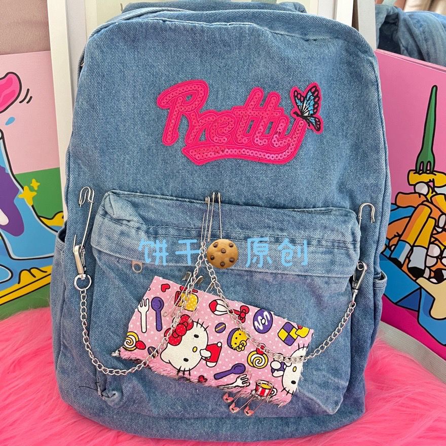 Sera Asli Y2K Cute Hello Kitty Kapasitas Besar Jahitan Denim Bumi Keren In Hot Gadis Single Bahu Ransel Wild High Street