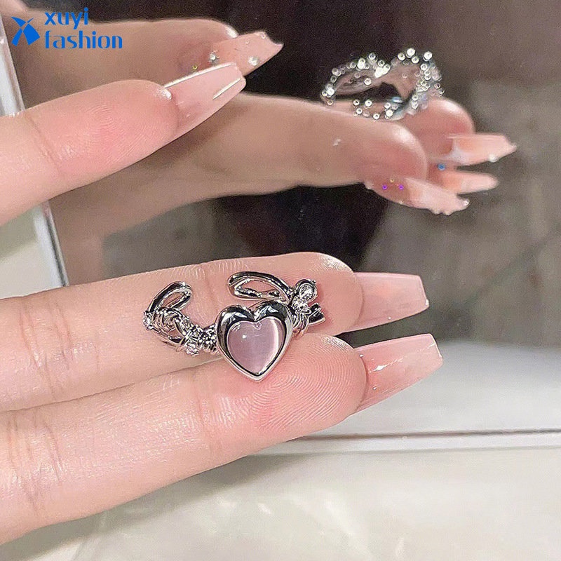 Cincin Kristal Bentuk Hati Warna Pink Gaya Korea Untuk Wanita