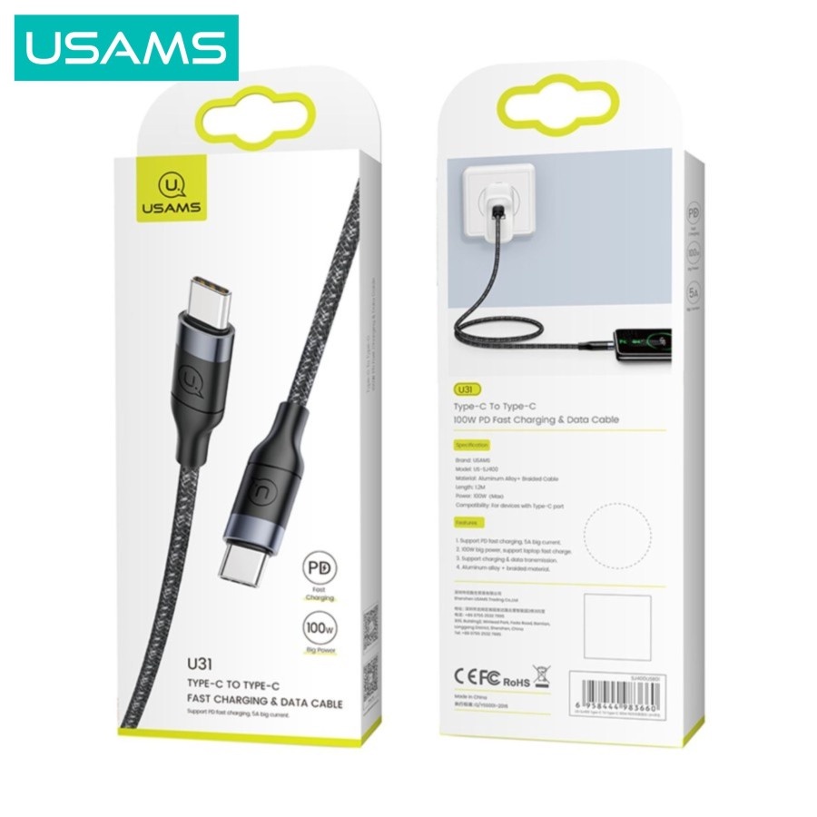 KABEL DATA USB C TO TYPE C USAMS SJ400 100W PD SUPER FAST CHARGING QC