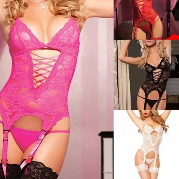 lingerie teddy Handcuff+Garter Belt kostum babydoll kado seserahan - Merah