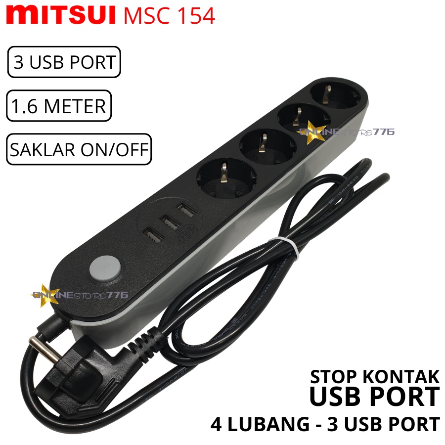 STOP KONTAK MITSUI 4 LUBANG + 3 USB PORT / MITSUI MSC 154 SNI