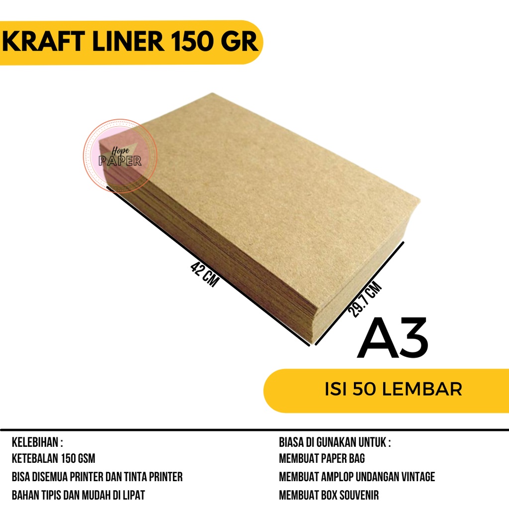 

Kertas Kraft A3 Liner 150 gsm isi 50 lembar / Kertas Bahan Paper Bag / Kertas Paper Bag