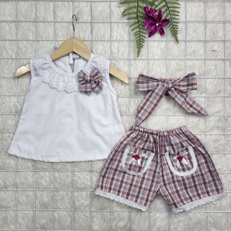 Baju bayi perempuan Stelab celana kotak+bandana baby