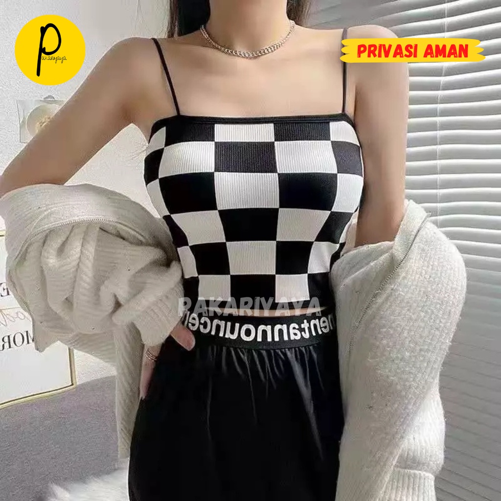 Tanktop Crop Top Wanita Motif Catur Tengtop Kotak-Kotak Tanpa Lengan Fashionable P199