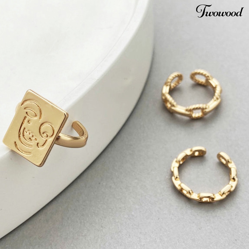 3pcs Cincin Model Rantai Twisted Terbuka Adjustable Motif Wajah Tersenyum Untuk Wanita