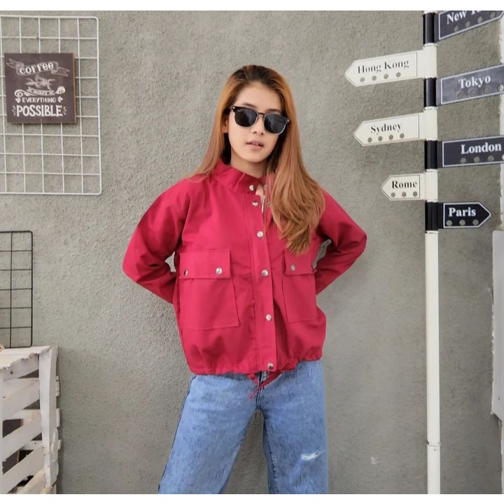 Sweater Jacket MAROON POCKIE Pakaian Outer Wanita Oversize Bahan Baby Kanvas Fashion Terkini Kasual OOTD Terbaru