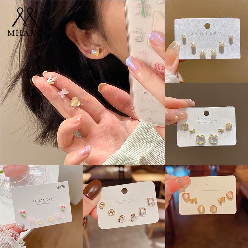 Set Anting Tusuk Silver S925 Desain Bunga Pink Hias Mutiara Zircon Gaya Korea Untuk Wanita