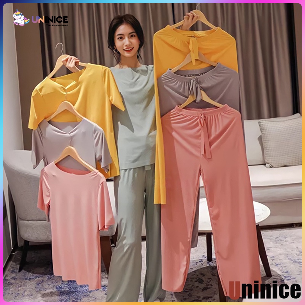 UNINICE set piyama wanita polos/homewear/T-shirt dan setelan celana/Baju tidur/warna solid satu ukuran piyama set/Pakaian rumah yang nyaman, bernapas, dan menyegarkan/Sangat Tipis Dan Keren Pakaian Rumah Longgar Sutra Es T-shirt Celana Piyama Set