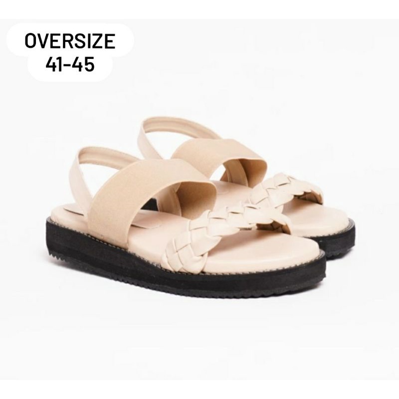 Original Sepatu Sendal Wanita MK-397 BIG size 41-45 Sendal Tali Slingback JUMBO Karet Empuk Wedges Sandal Lebar Krem