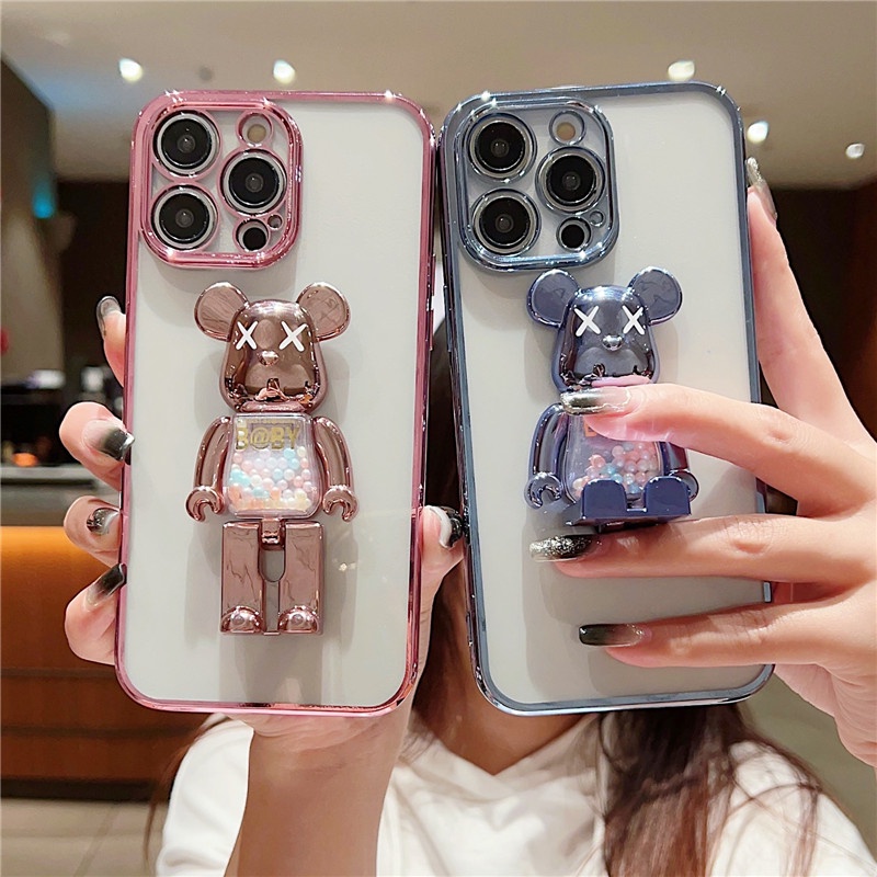 IPHONE Plating multi-Fungsional violent bear bracket Casing Ponsel Transparan Kompatibel Dengan Iphone14 13 12 11 Pro Max14 Plus Casing Soft shockproof Anti Jatuh