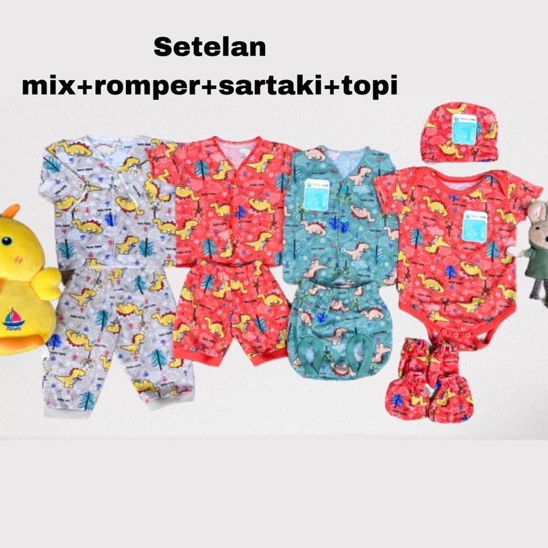 Paket Stelan Mix Dino Set Romper Swaddle Baju dan celana Bayi topi sarung tangan Baru Lahir SNI,Oeko-tex Promo 8.8