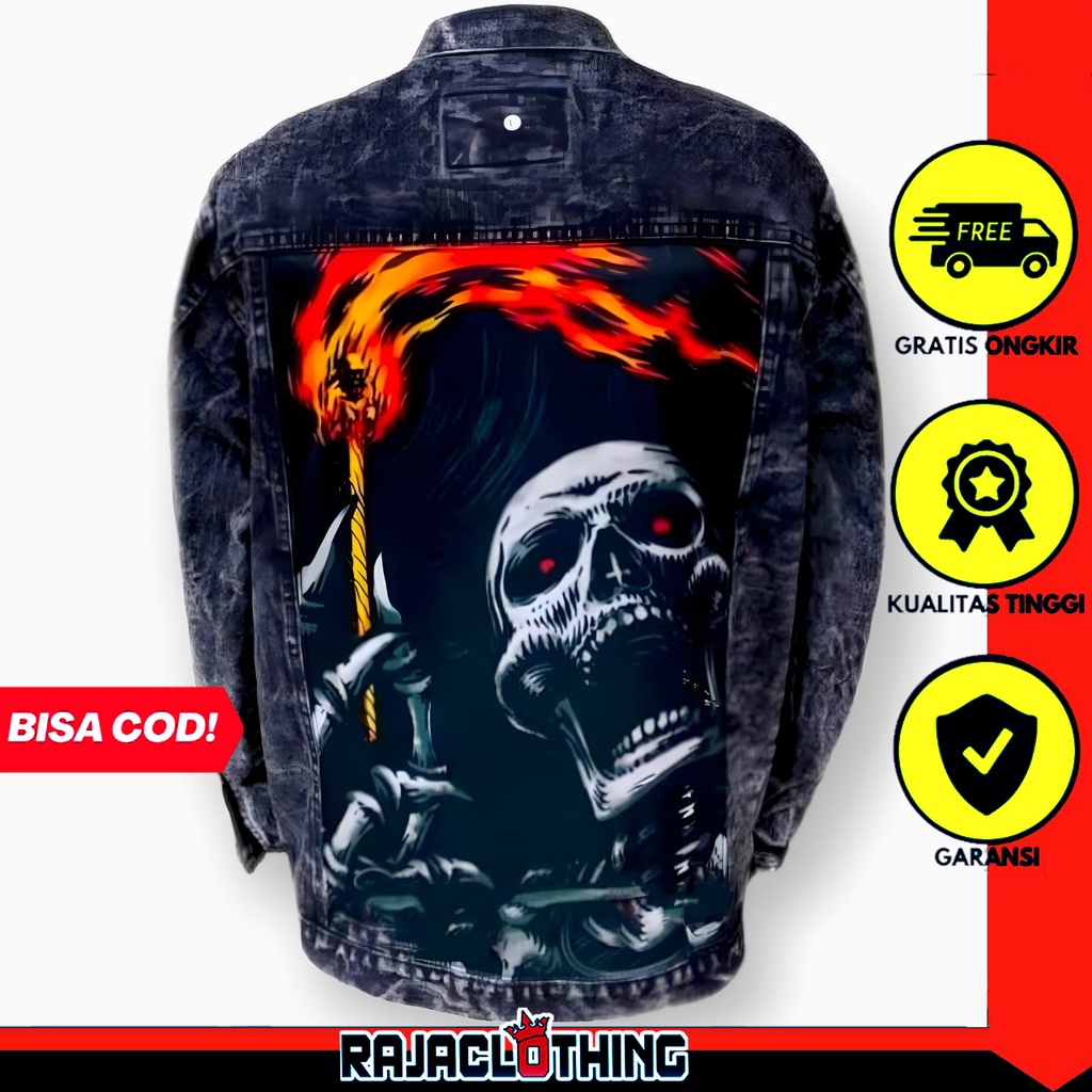 RCL - Jaket Jeans Printing Pria Sanwash Hitam Tengkorak Obor - Jaket Jeans Gambar Unisex Pria Wanita Murah