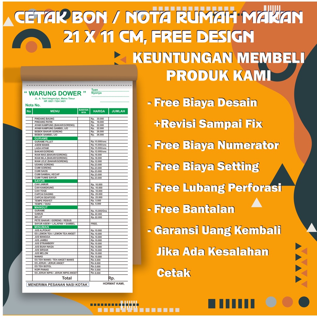 

CETAK NOTA/BON RUMAH MAKAN CUSTOM, KWITANSI, SURAT JALAN, DLL 21X11 CM 1 PLAY 2 PLAY