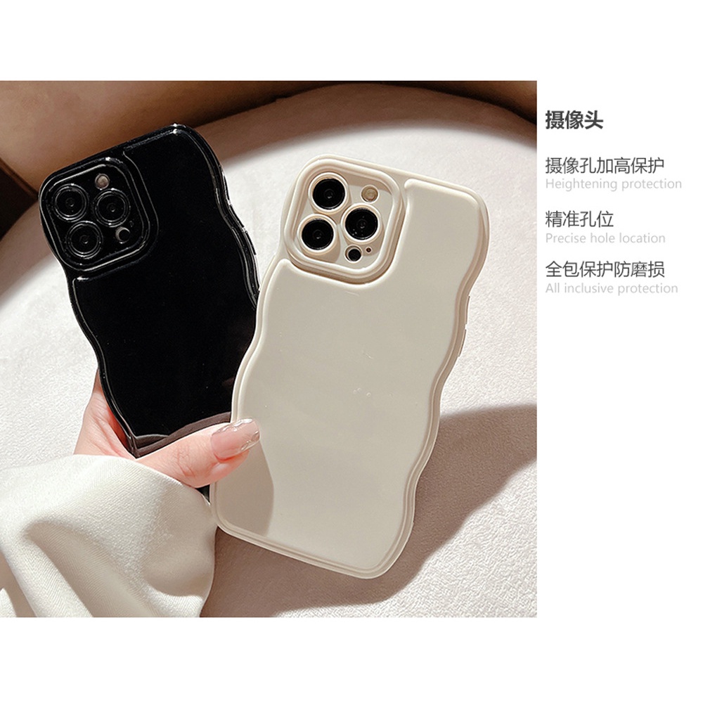 Ins Casing Silikon Iphone 14 11 12 13 PRO MAX Aksen Pinggiran Bergelombang Warna Beige Hitam