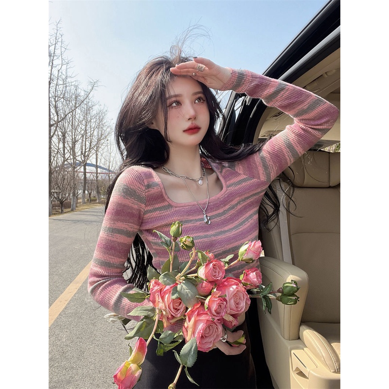 Hot girl gaya BM bergaris rajutan sweater wanita musim semi dan musim gugur ukuran besar gemuk mm slim fit bottoming kemeja dengan top in pasang