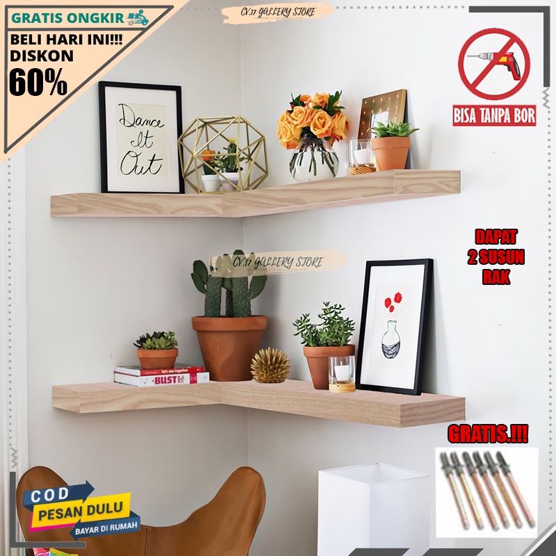 Papan Rak Ambalan Hambalan Hiasan Melayang Siku Sudut Gantung  Floating Shelves L Layang Tempat penyimpanan Buku Bunga make up Makeup Bumbu Dapur Dekorasi Dinding Dingding Tembok Tempel Ruang Tamu Kamar Tidur Kayu Susun Serbaguna Minimalis Tanpa Bor Murah