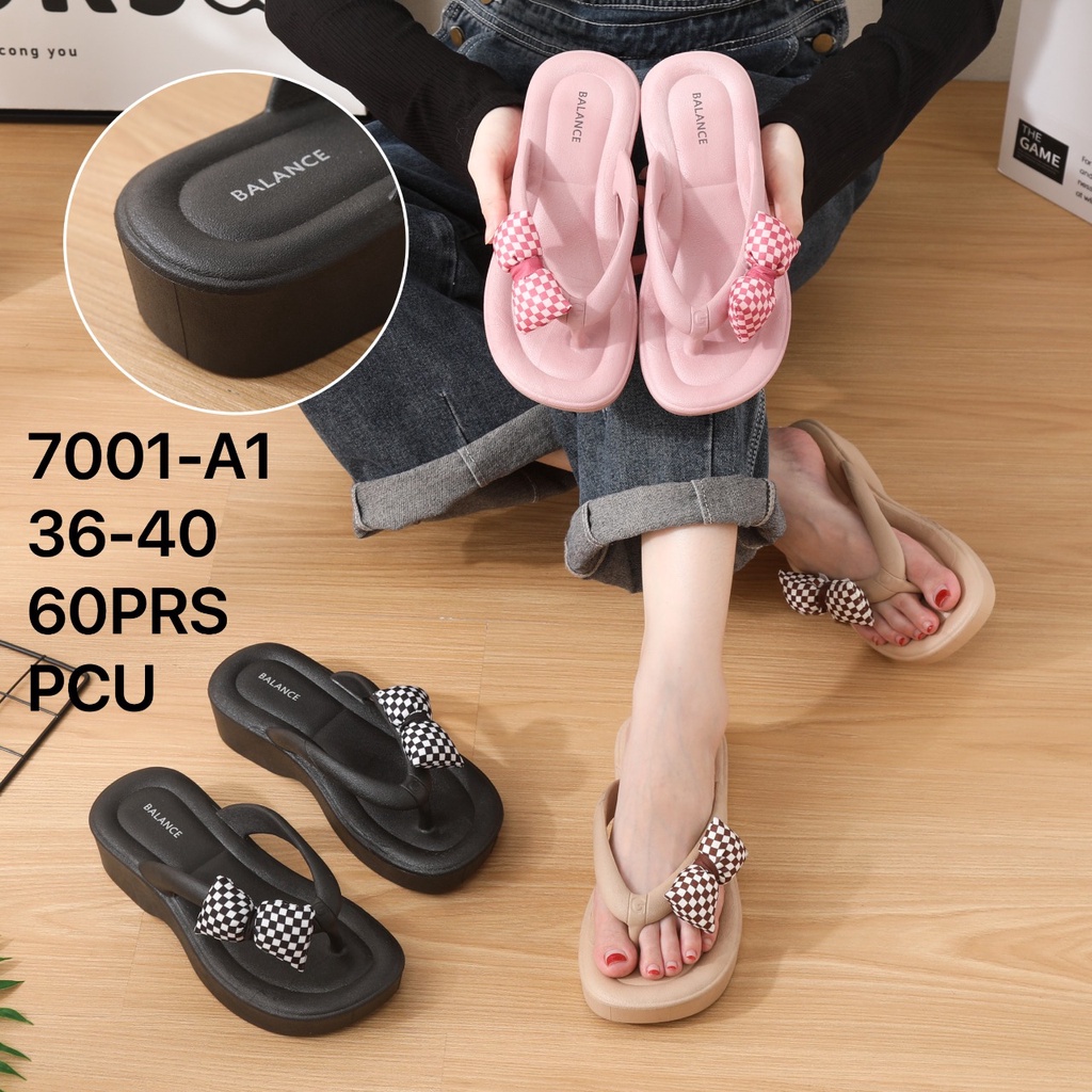 PVC Sandal Jepit Wanita Platform Import Karet 5 Cm Rubber Non-Slip BALANCE Motif Pita Catur 7001-A1