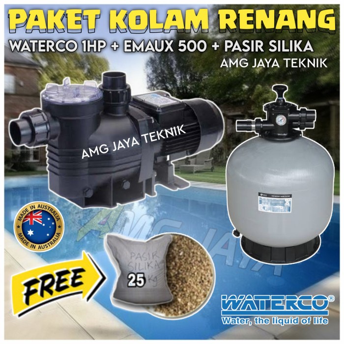 PAKET KOLAM RENANG WATERCO 1 HP + SAND FILTER EMAUX 500 PASIR SILIKA