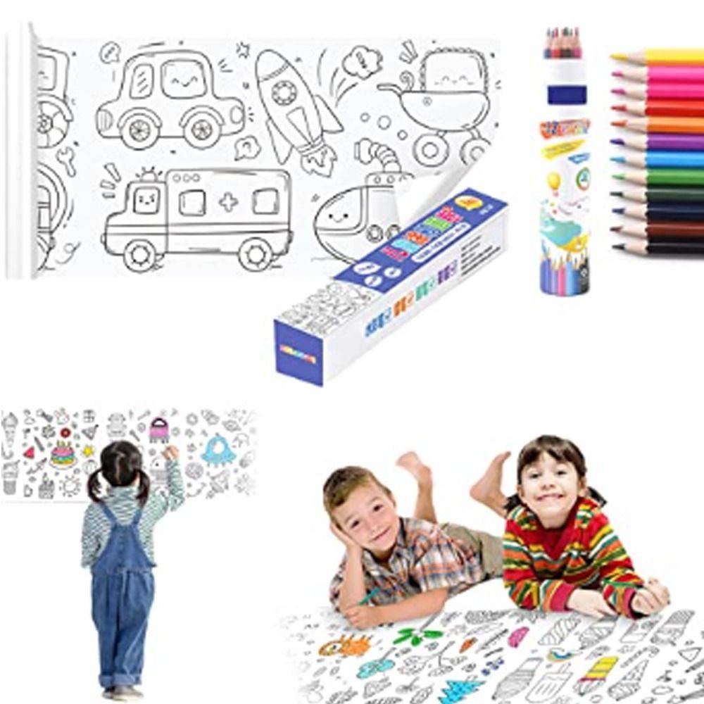 R-flower Children's Drawing Roll Daily Goods Theme Creative Gift DIY Painting Drawing Kertas Isi Warna Dengan 12pcs Pensil Berwarna