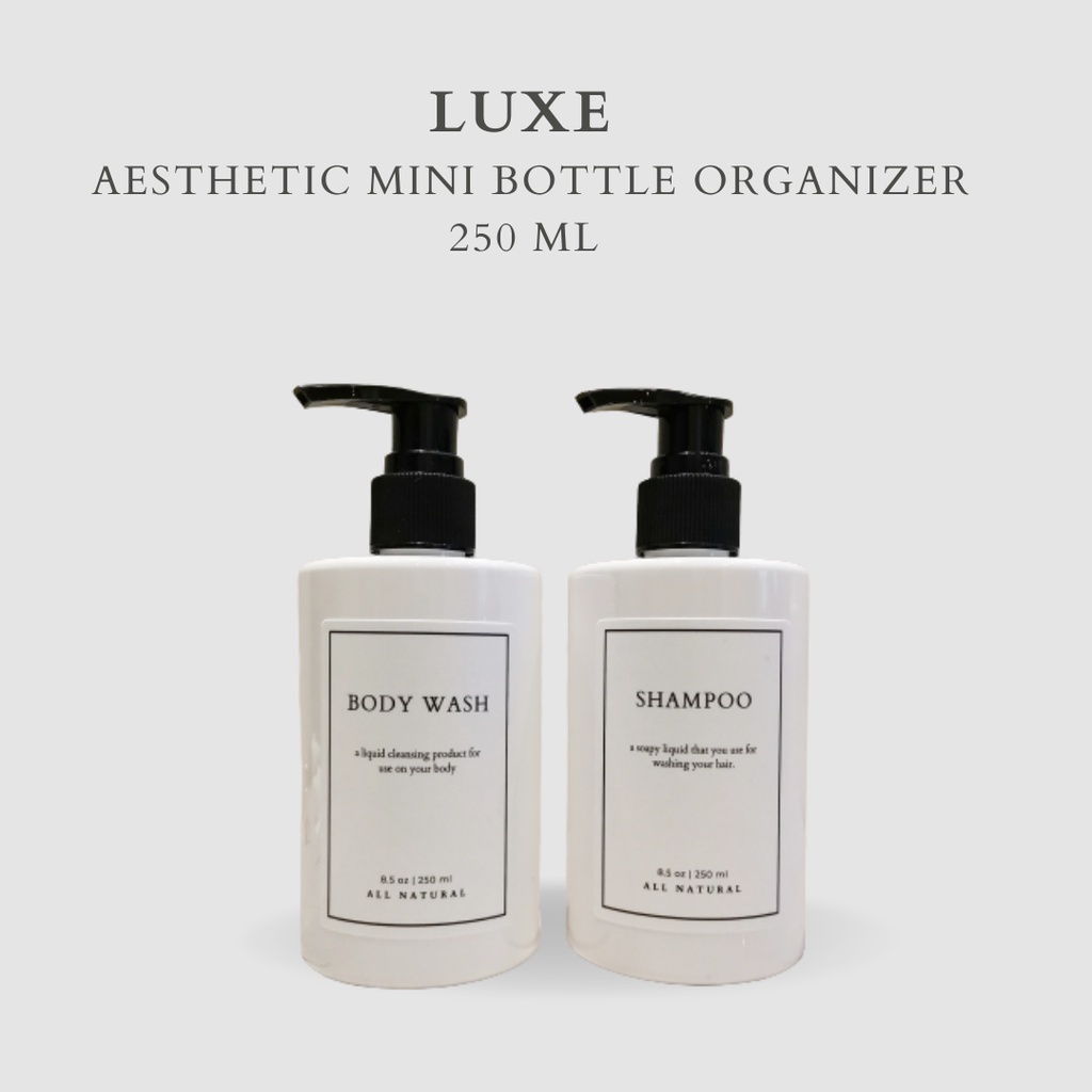 LUXE Botol MINI PUTIH Label KOTAK PUTIH 250 ml Aesthetic Bottle Refill | Botol refill sabun /botol refill sabun/ botol isi ulang/botol sabun refill/botol sabun/botol pump/botol anak/bathroom organizer/bathroom amenities