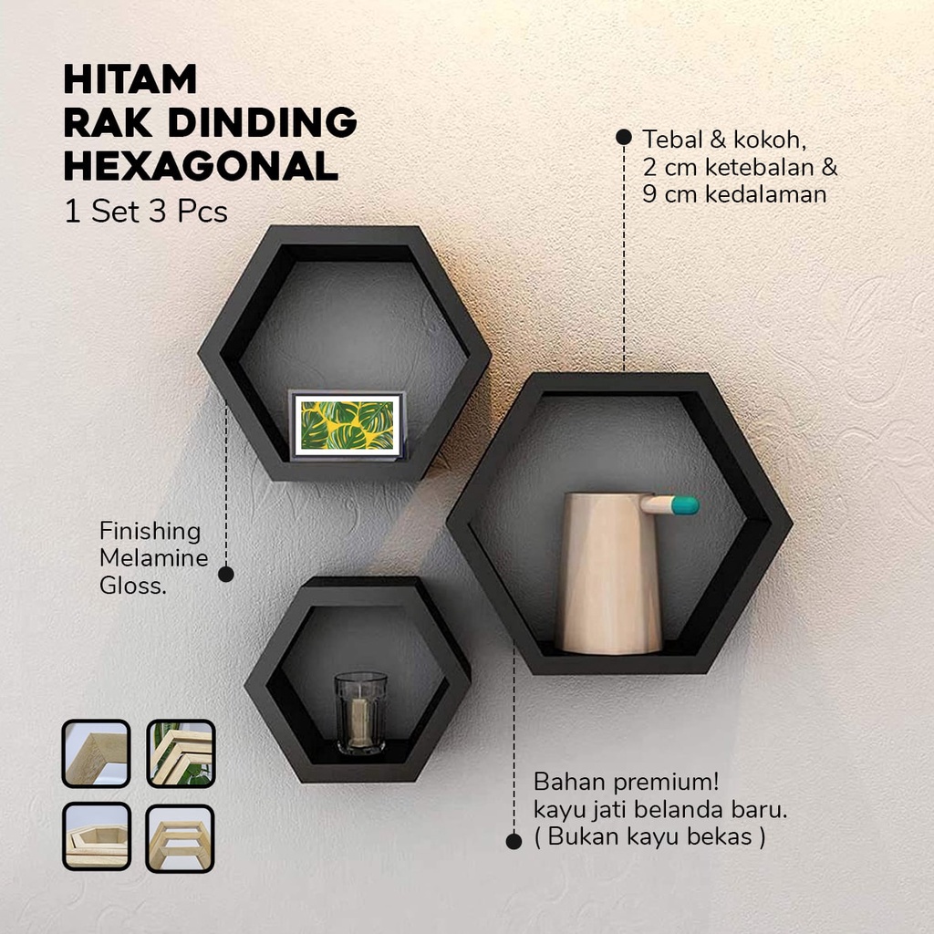 Rak Dinding Hexagonal Gantung Hiasan Tembok Dekorasi  Tempel Kamar Tidur Ruang Tamu Minimalis Kayu