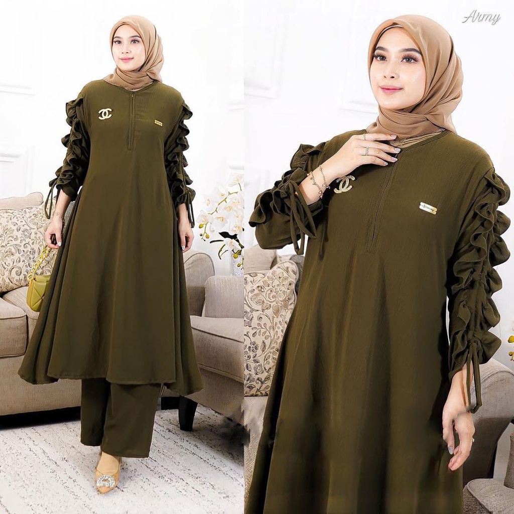 Noora Set Setelan Celana + Tunik Wanita Muslim Busui Jumbo Bahan Ceruty Babydoll Full Furing Model Lengan Serut Terbaru / Pakaian Set Wanita Remaja Kekinian / Fashion Muslim Gamis Melayu Beraneka Warna / Baju Stelan Lebaran Kondangan Mewah Terbaru 2022