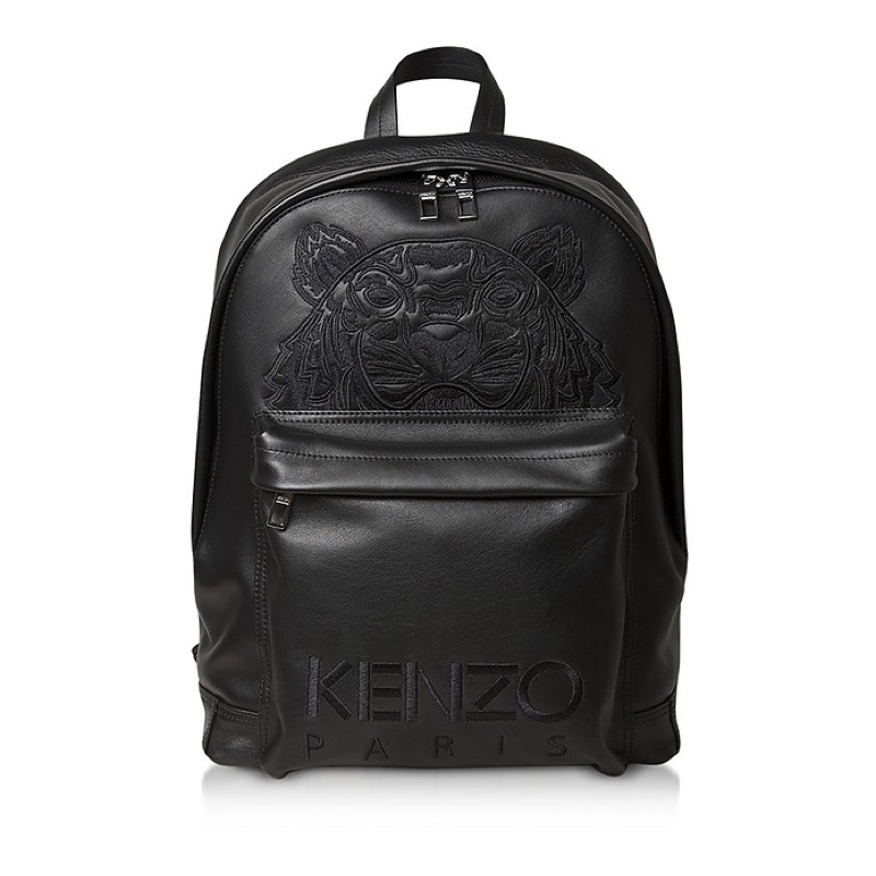 KENZ0 BLACK LEATHER TIGER EMBOSSED LOGO BACKPACK