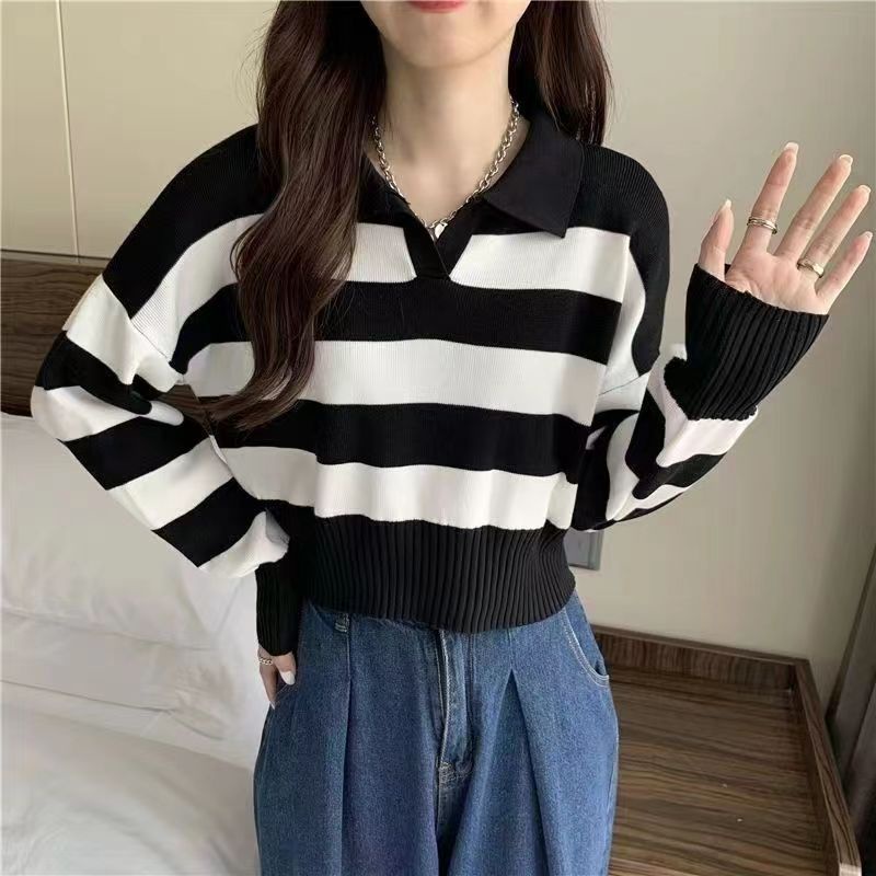 YIU YIU Rajut - Kaos Wanita Jumbo Rajut Lengan Panjang Stripe Casual Top