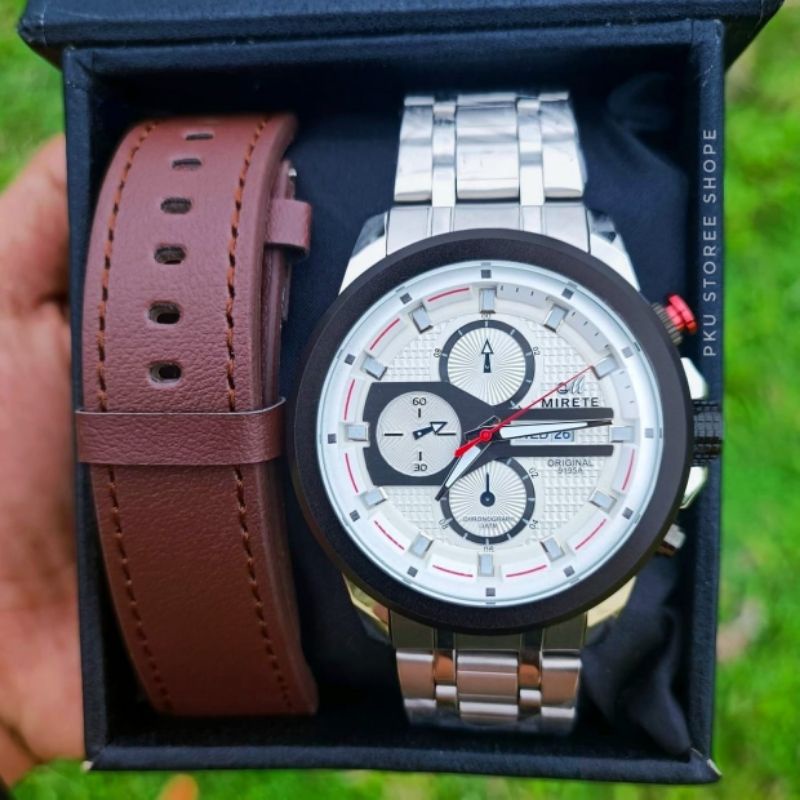 Jam Tangan Pria Mirete 2 Tali Original Rantai Stainless Steel Tanggal DAN hari Aktif Tahan Air Free Batrai Cadangan | JAM Tangan Mirete Import Pria Rantai Stainlees Steel Silver Tombol Mreah / Hitam Rosgold / FUL Black / JAM TANGAN MIRETE RIA 2 TALI