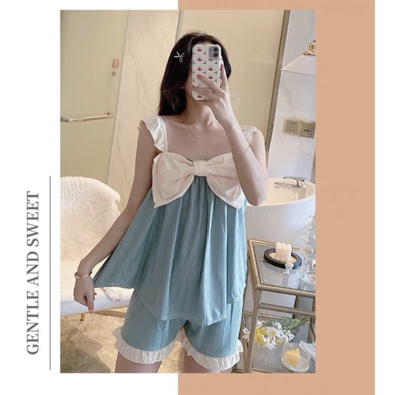 Baju Tidur Piyama set Bow Camisole Cute Putri Manis Baju Pendek Celana Pendek Sweet Import