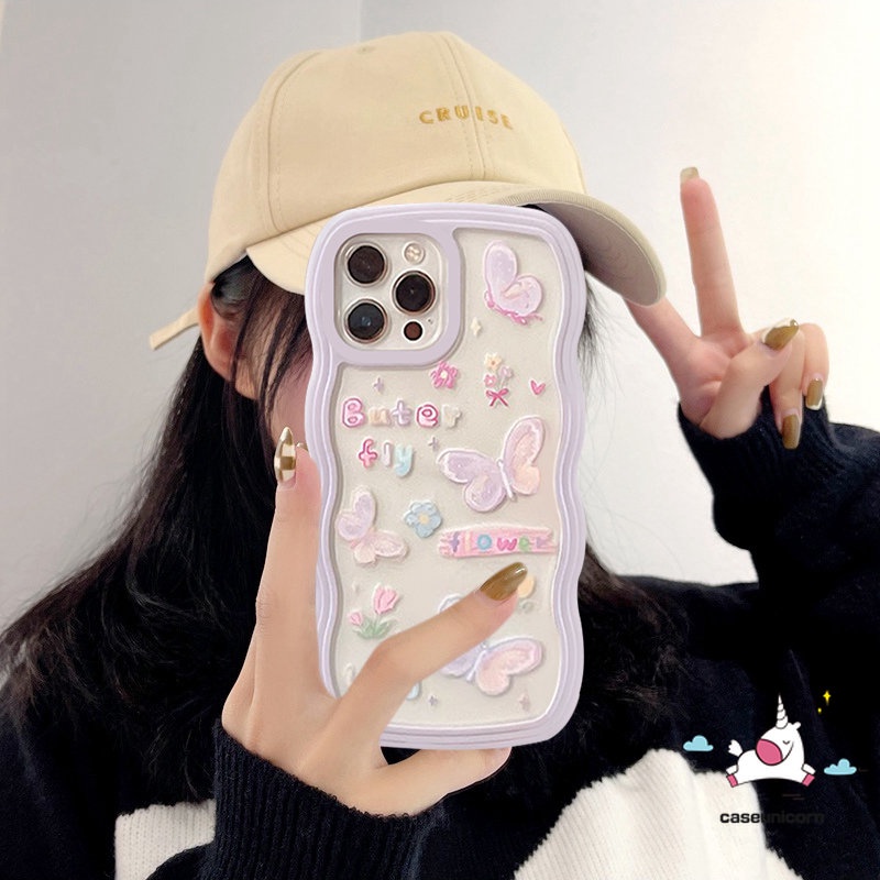 Casing OPPO A17 A15 A16 A57 A77 A17K A78 A54 A55 A12 A74 A5 A9 A16s A96 A95 A5s A7 A16K A1k A77s A53 A3s A72 A76 A52 Reno 8T 7 6 5 Kartun Kupu Lucu Bergelombang EdgeSoft Cover