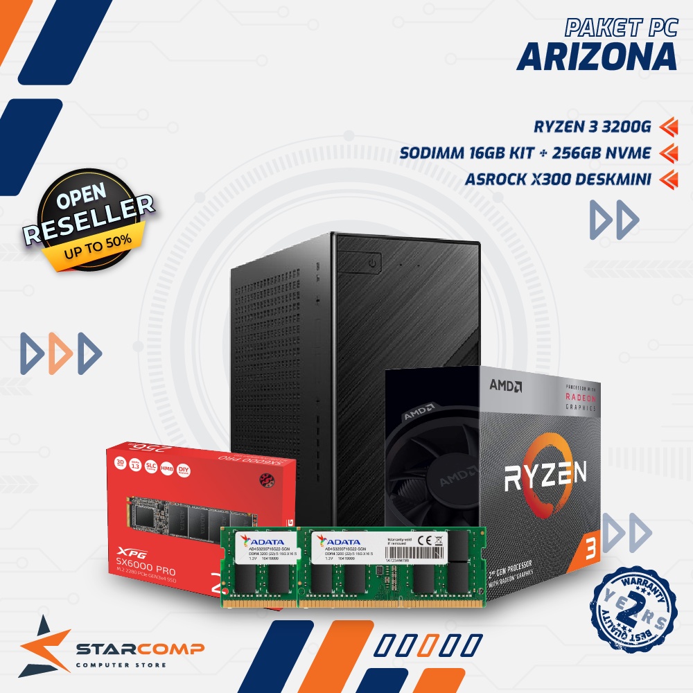 Paket PC Ryzen 3 3200G X300 DeskMini 16Gb RAM 256GB SSD NVMe Rakitan