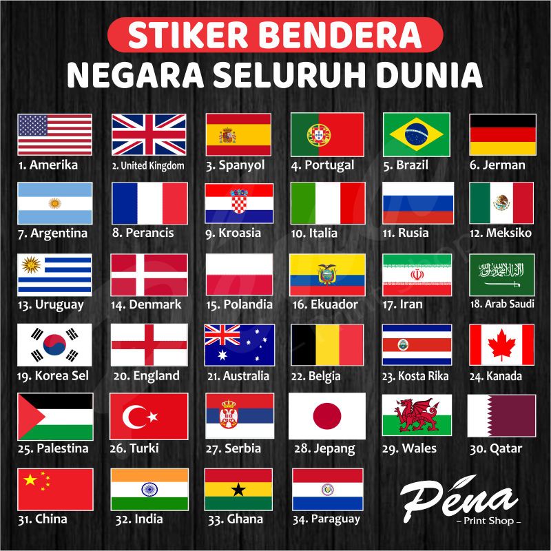 Stiker Bendera Negara Negara Dunia / Stiker Bendera Piala Dunia / Stiker Piala Dunia / Stiker Pesert