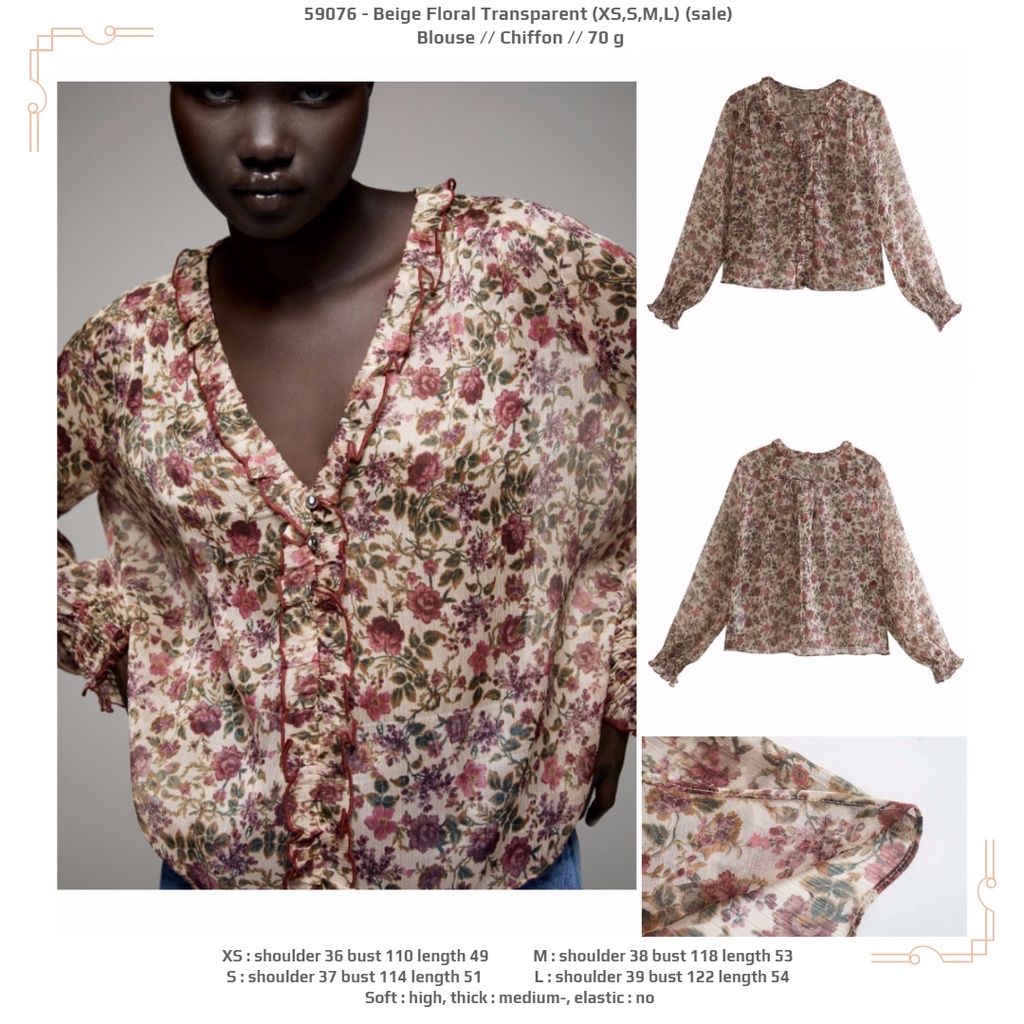 Beige Floral Transparent Blouse Chiffon 59076