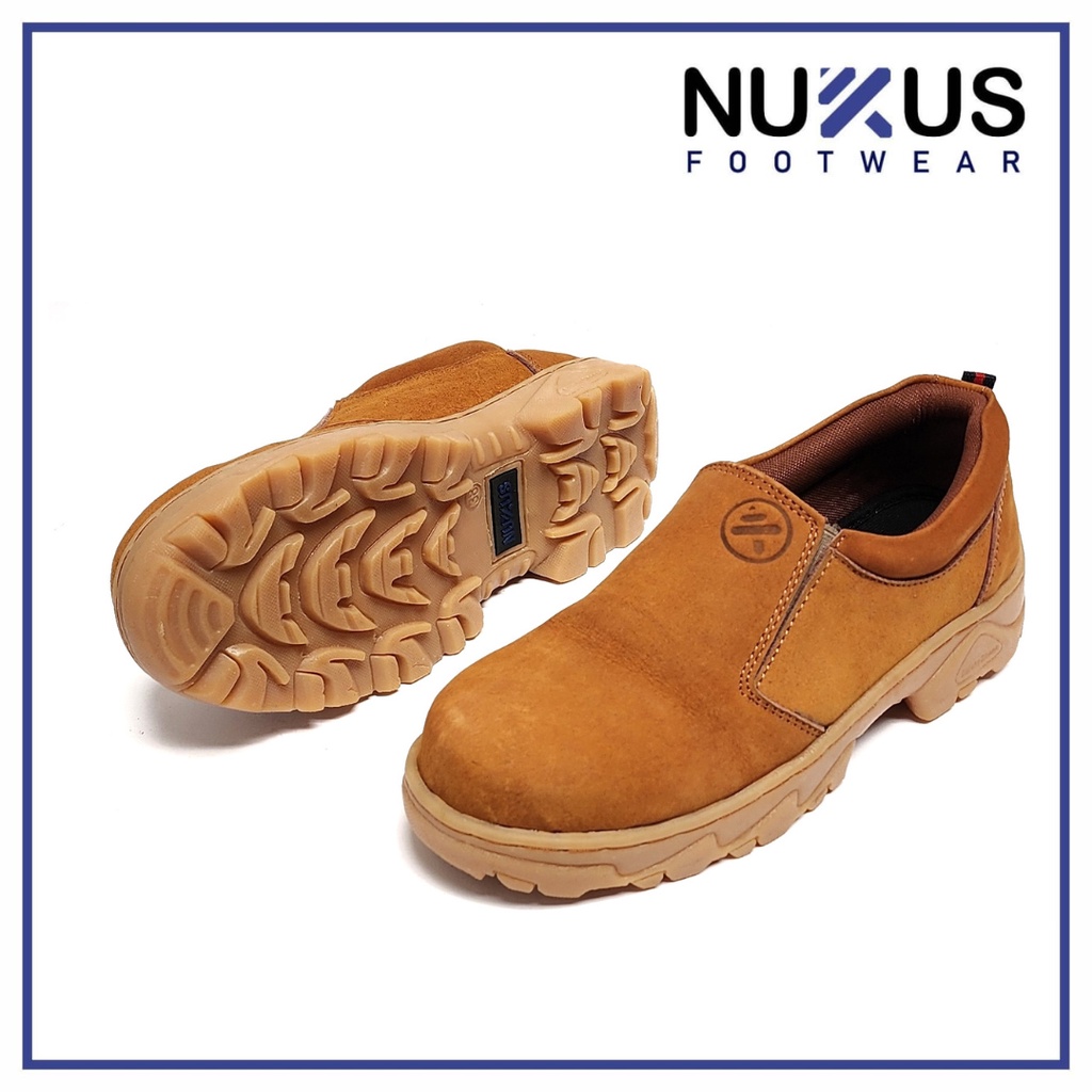 Nukus Sepatu Safety Pria Pendek Slip On Kulit Nobuk Asli Coklat Tan - 065