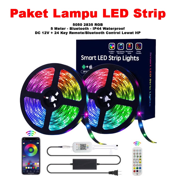 [ Pplus ] PAKET LAMPU LED STRIP 5050 2835 RGB 5M / SENSOR MUSIK BLUETOOTH / IP44 RGB REMOTE LAMPU HIAS WARNA WARNI LAMPU KAMAR AESTHETIC / Lampu led dekorasi  kamar / Lampu Led Double Tape Tempel /Lampu Hiasan Dinding MURAH / KUAT